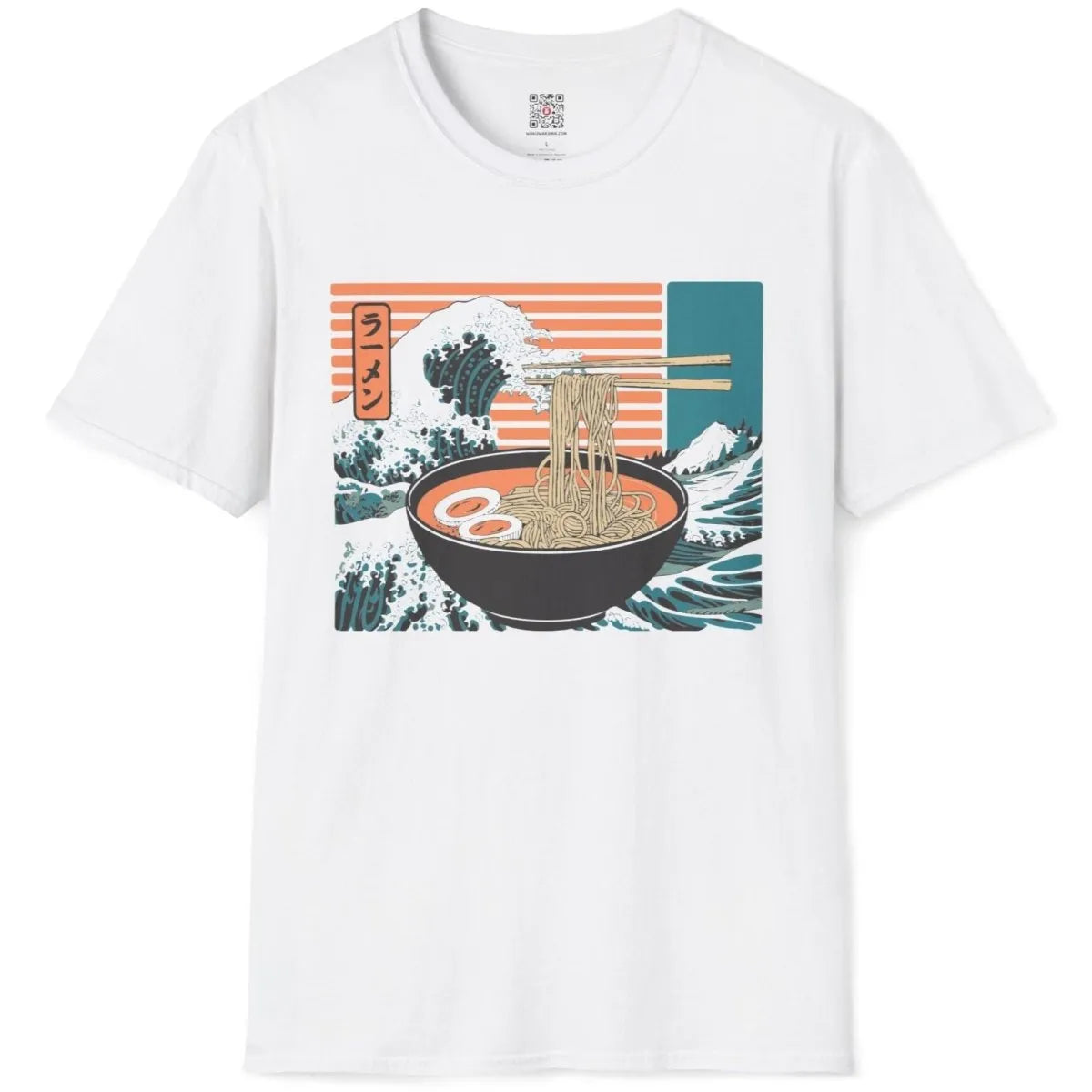 White flatlay t-shirt featuring ramen, Hokusai wave, and mountain, cultural symbols, ramen t shirt.