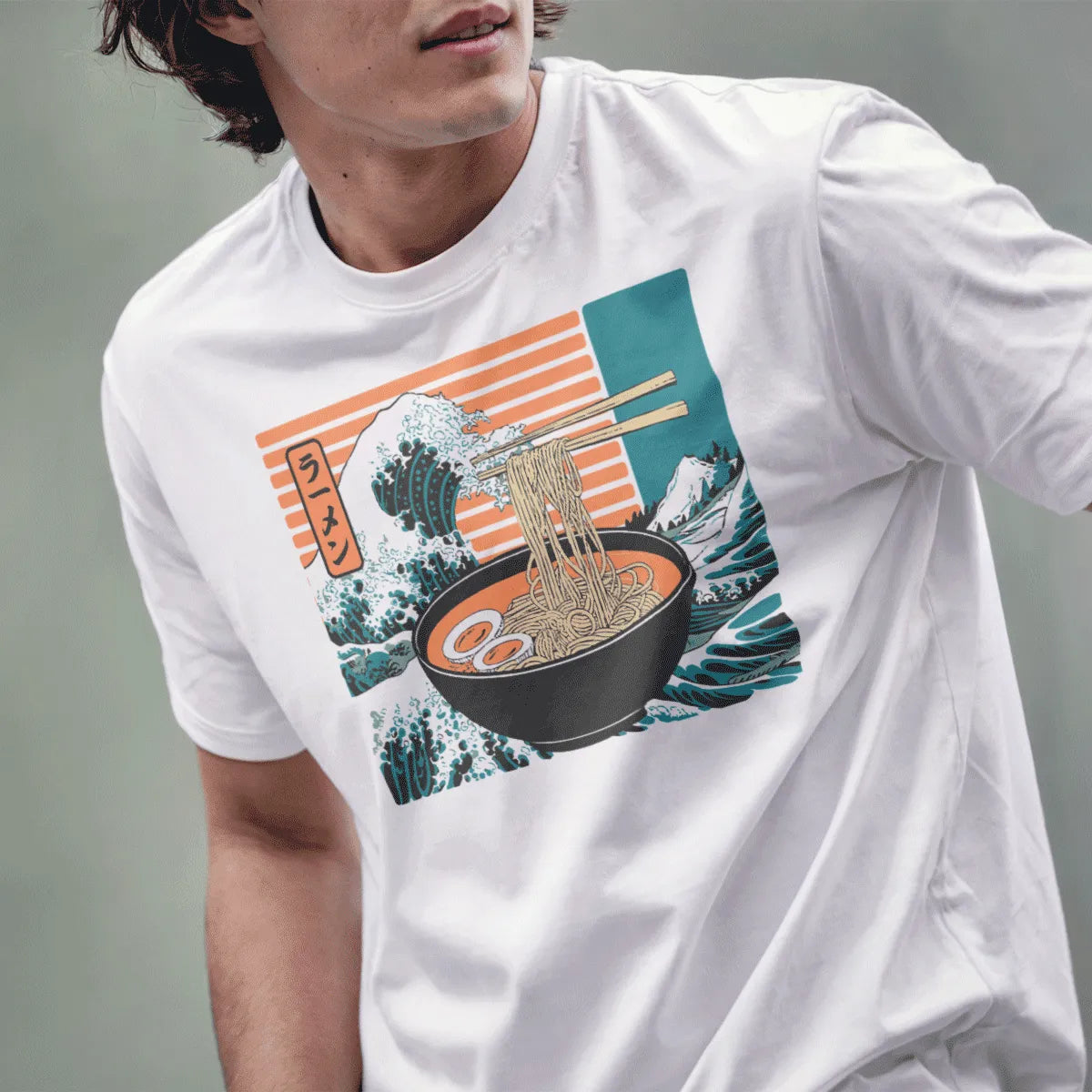 Male model in white t-shirt with ramen, chopsticks, and wave, serene landscape, japanese t-shirts.