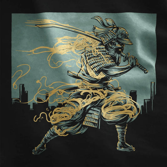 Close-up of bold samurai and ramen fusion design on black t-shirt, ramen t-shirt, dynamic composition.