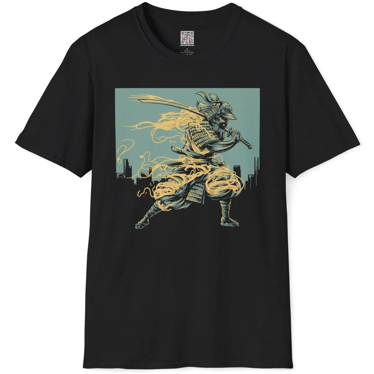 Black flatlay t-shirt with samurai, cityscape, and ramen, traditional japanese art, graphic design t shirt.