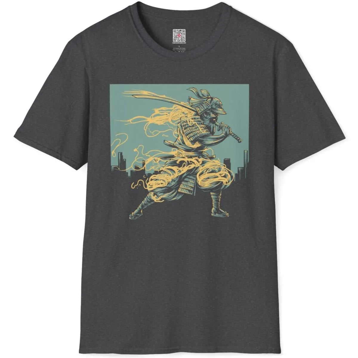 Dark heather flatlay with detailed samurai, ramen, and city silhouette, contrast art, samurai warrior art.
