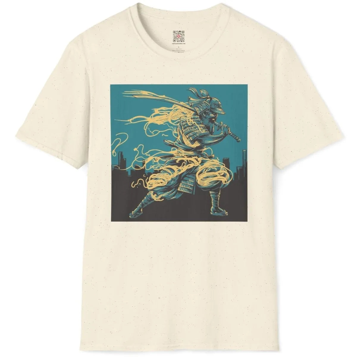 Natural flatlay t-shirt with samurai and ramen fusion, bold typography, cultural symbols.