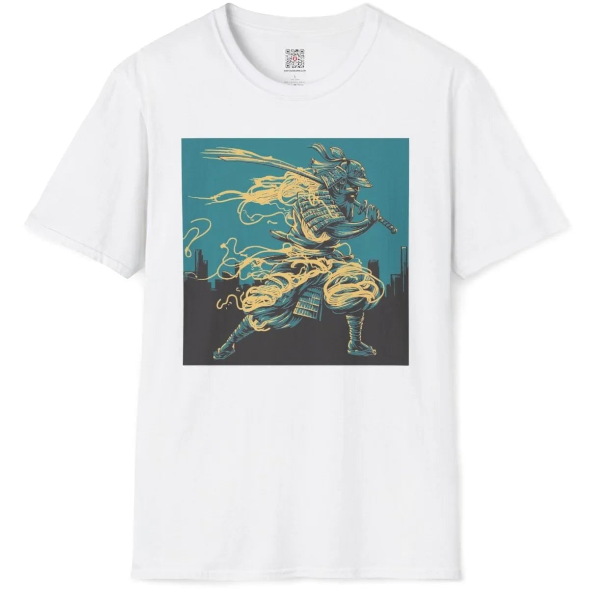 White flatlay t-shirt featuring samurai, ramen noodles, and teal background, mens streetwear style.