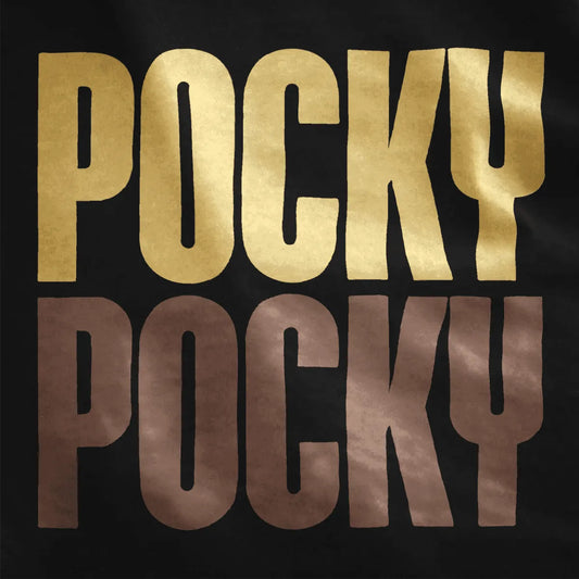 Bold orange and pink POCKY text in playful font on black fabric, contrast in colors, kawaii design.