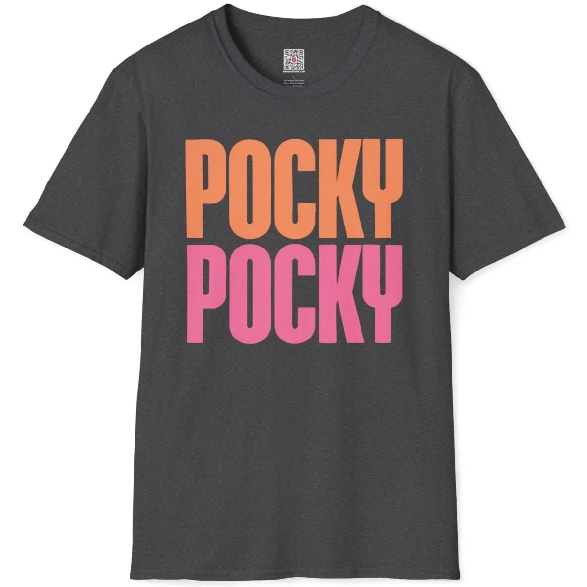 POCKY text design on dark heather t-shirt flatlay, graphic t shirts for ladies, cheerful aesthetic.