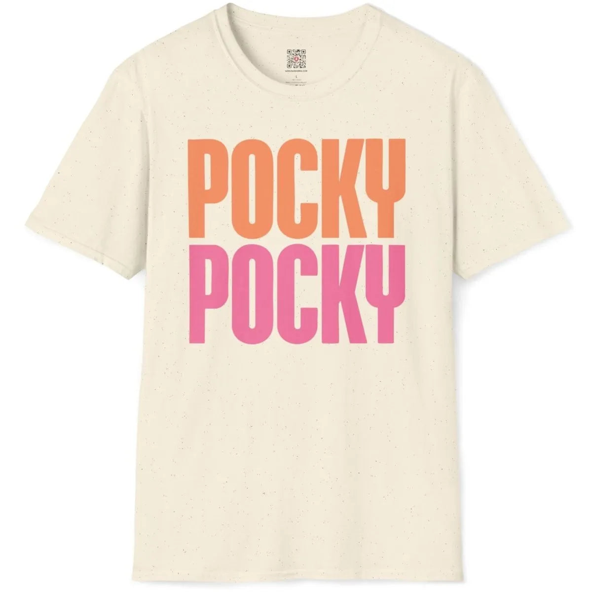 POCKY text design on natural t-shirt flatlay, kawaii design, vibrant style.