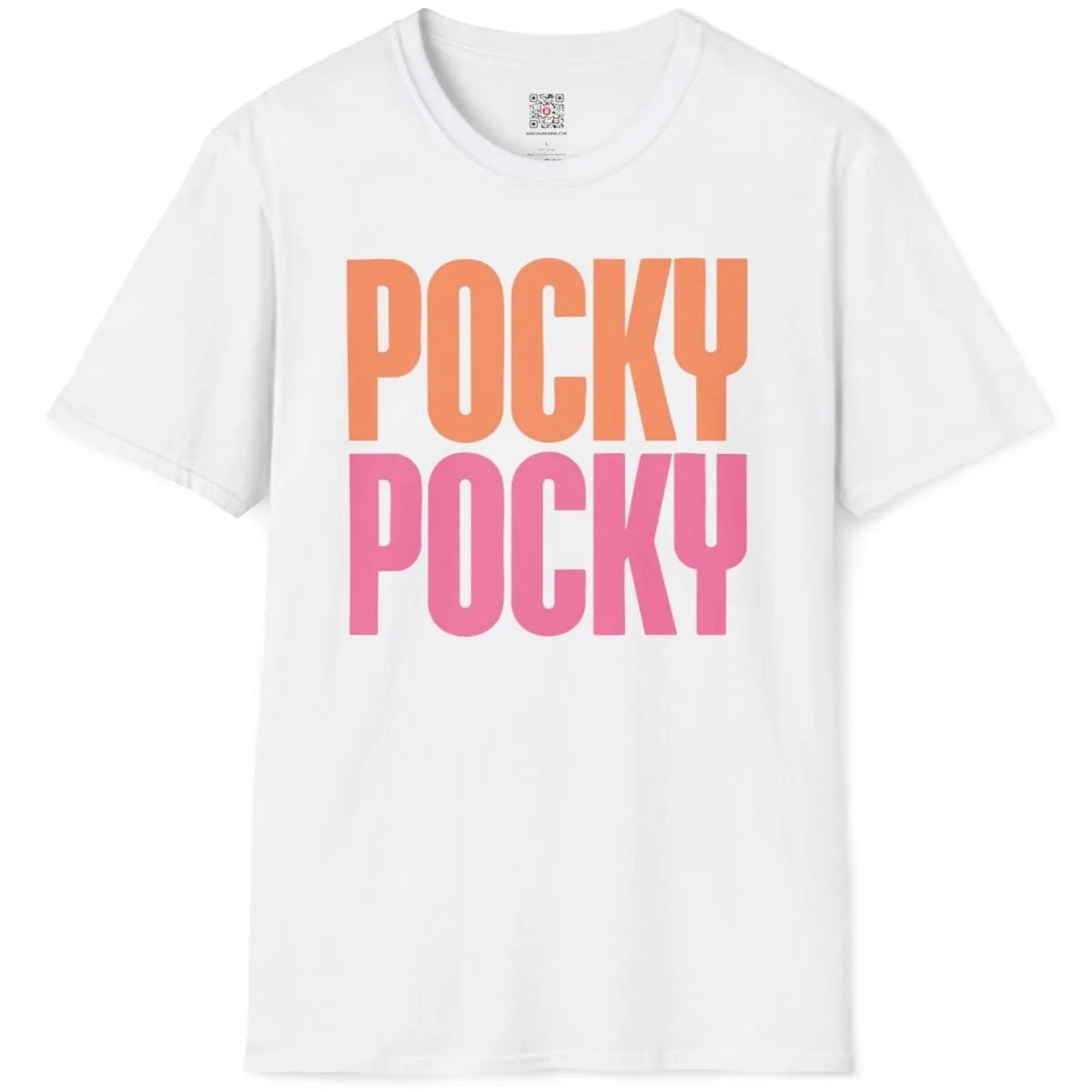 POCKY text in orange and pink on white t-shirt flatlay, playful twist, japanese snack popular.