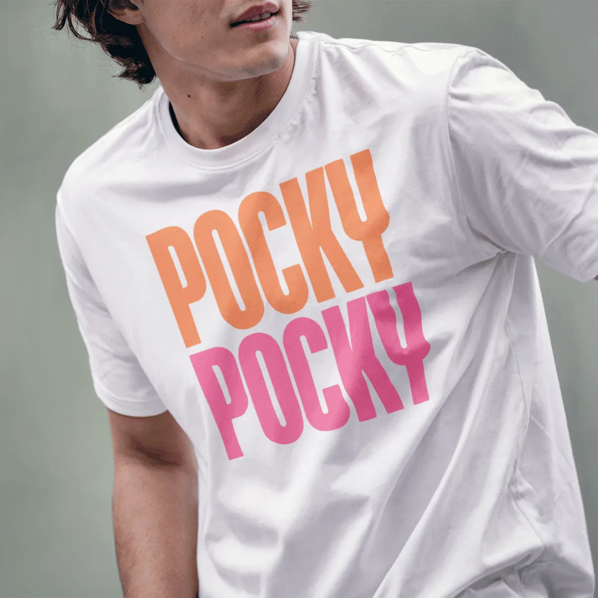 Male model in white t-shirt with bold POCKY text, japanese t-shirts, cheerful aesthetic.