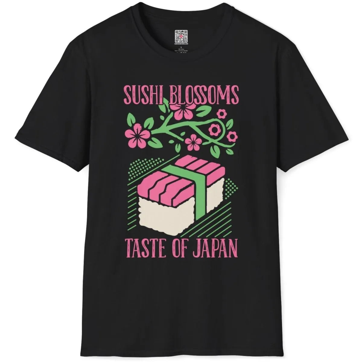 Sushi roll and cherry blossoms on black t-shirt flatlay, sushi t-shirt, whimsical design.