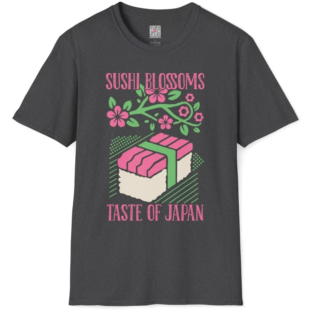 Sushi roll and cherry blossoms on dark heather t-shirt flatlay, delicate illustration, modern culinary.