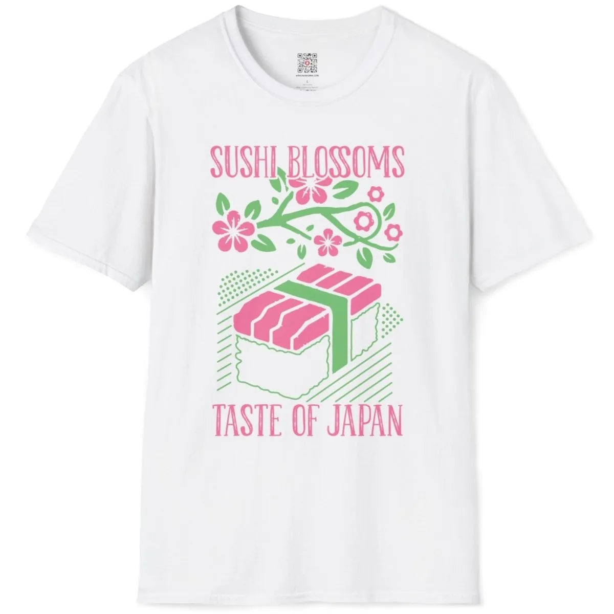 Sushi roll and cherry blossoms on white t-shirt flatlay, cherry blossom theme, authentic japanese.