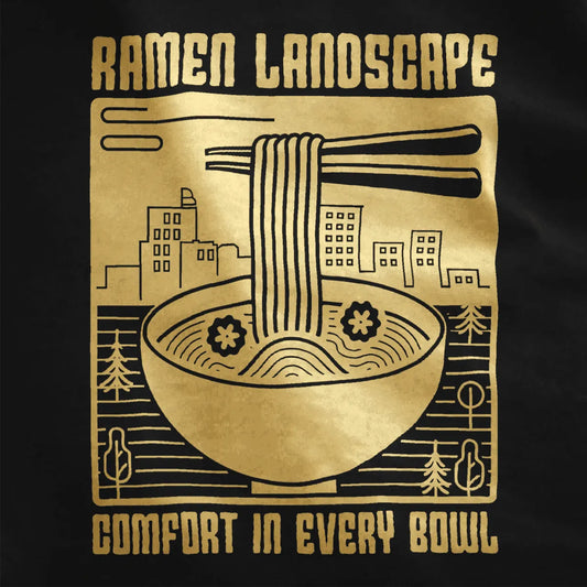 Ramen bowl with noodles and cityscape on black fabric, junk food shirt, urban ramen.