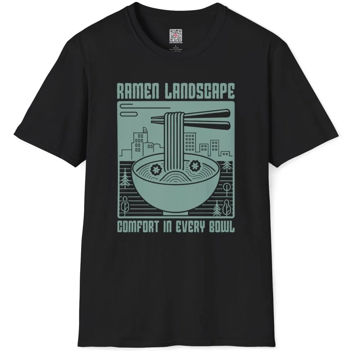 Ramen bowl and cityscape on black t-shirt flatlay, bowl design, modern city life.