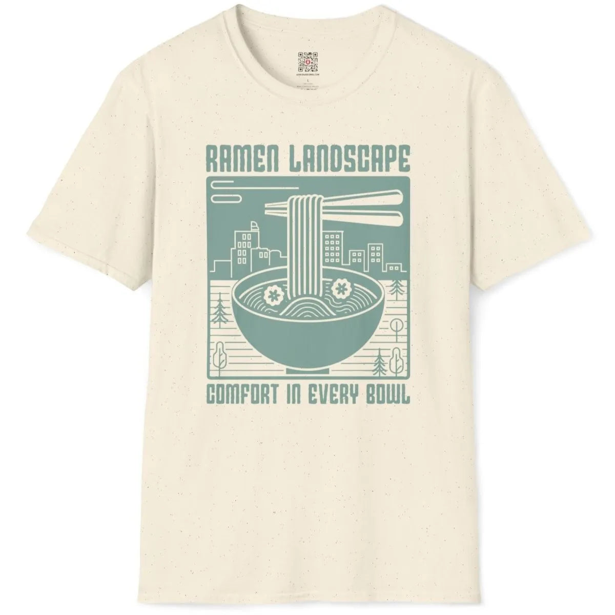 Ramen bowl and cityscape on natural t-shirt flatlay, cozy food, motion depiction.
