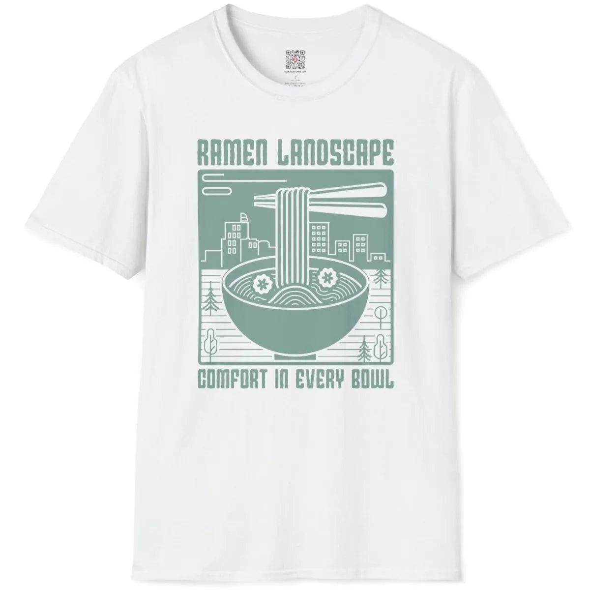 Ramen bowl and cityscape on white t-shirt flatlay, ramen shirt, traditional comfort.