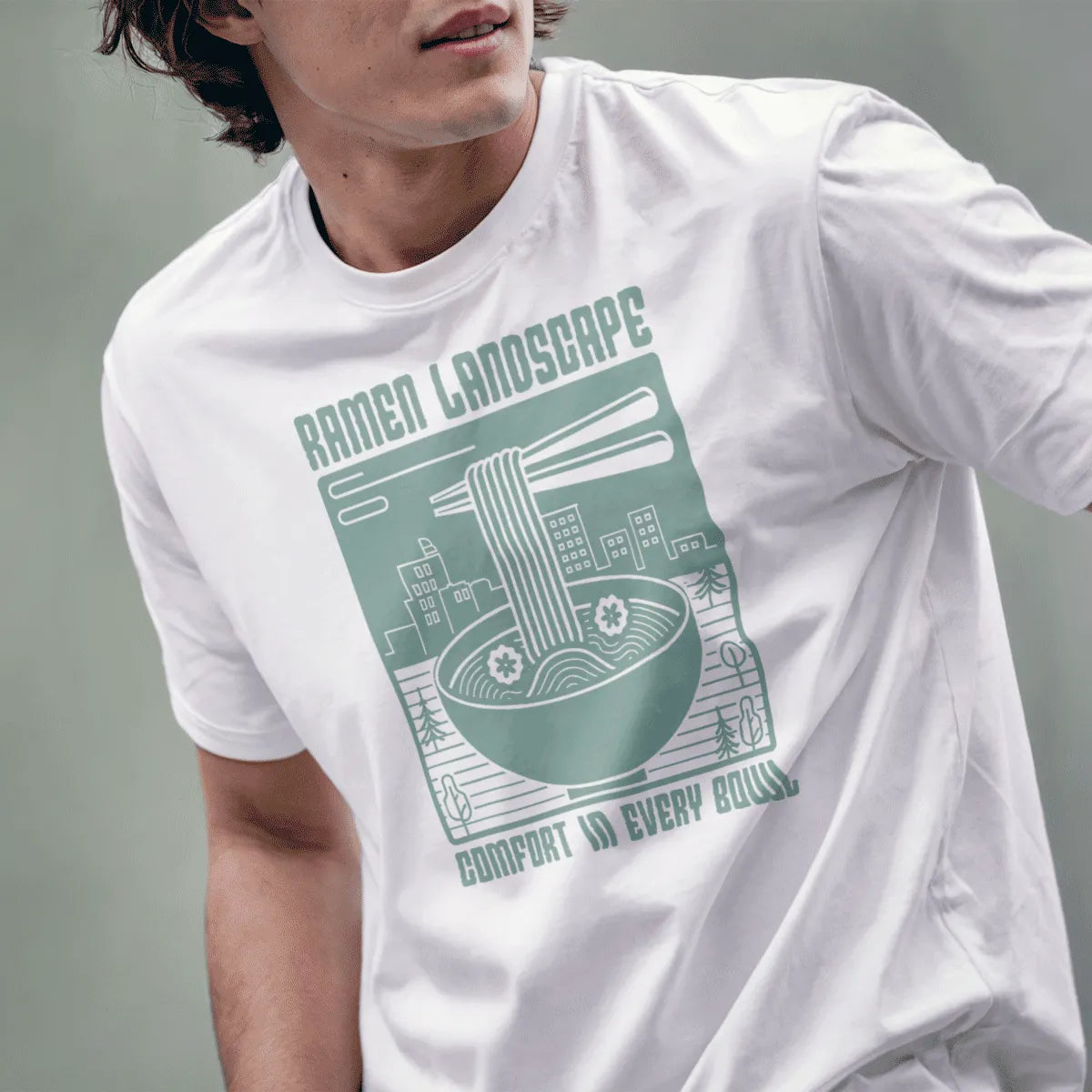 Male model in white t-shirt with ramen bowl and cityscape, japanese t-shirts, dynamic composition.