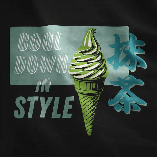 Green matcha ice cream cone with bold retro typography on black fabric, accented by Japanese characters.