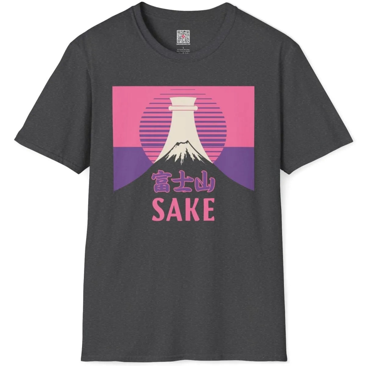 Dark heather shirt flatlay with Mount Fuji, sake bottle, pink sun, and bold sake lettering, vibrant contrast.