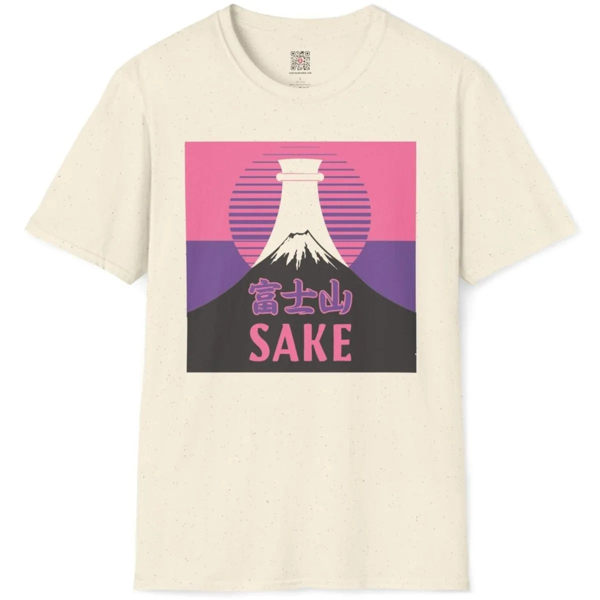 Natural shirt flatlay with Mount Fuji, sake bottle, pink sun, and Japanese script, modern tradition.