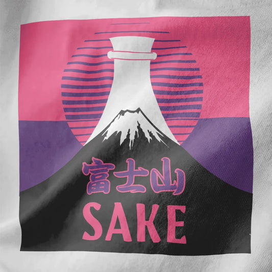 Mount Fuji and sake bottle in pink sun on white shirt, bold typography and Japanese script, heritage design.