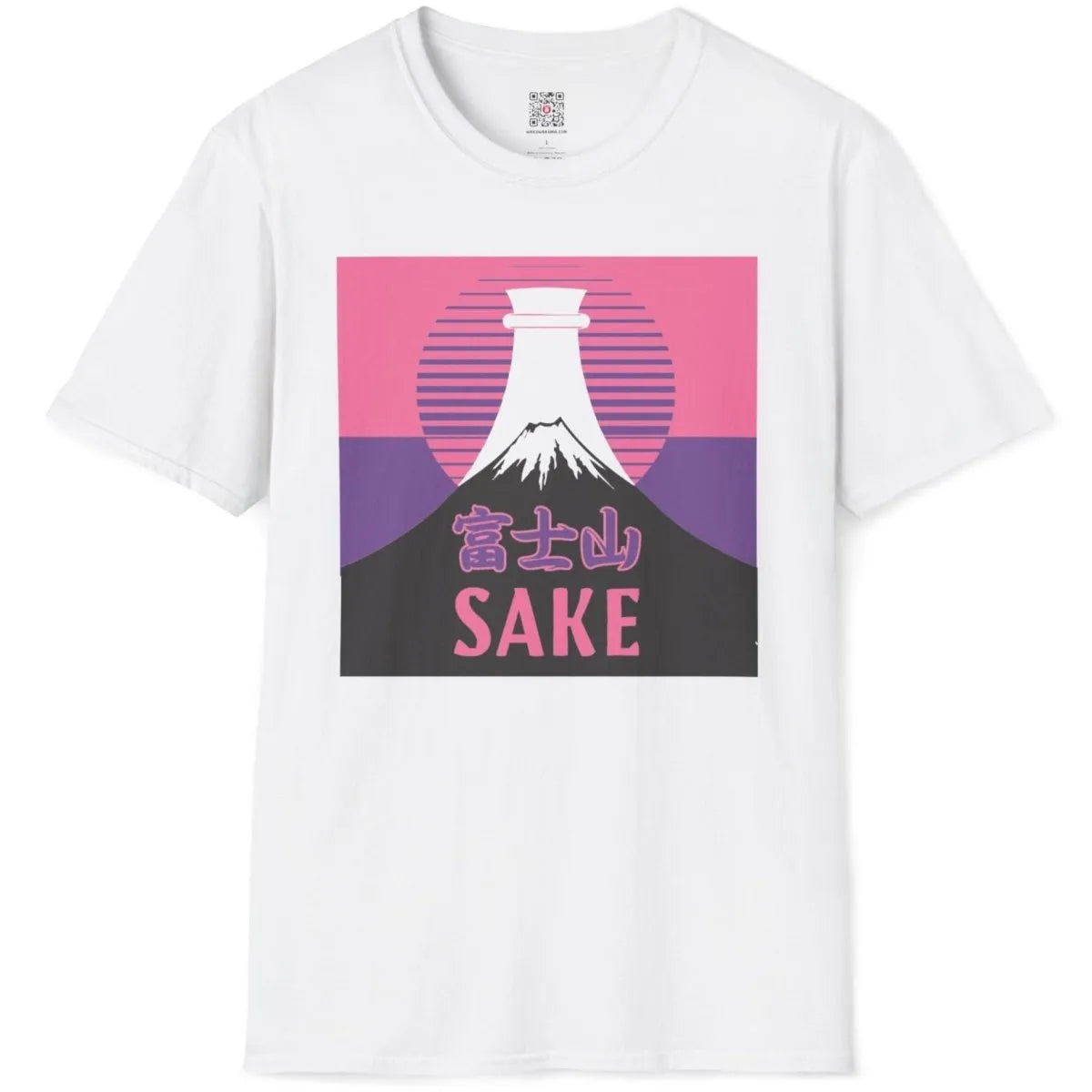 White shirt flatlay with Mount Fuji, sake bottle, pink sun, and Japanese script, traditional Japanese art.