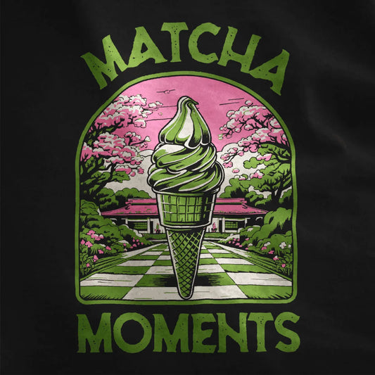 Matcha ice cream cone with cherry blossoms and garden on black shirt, kawaii design, matcha culture.