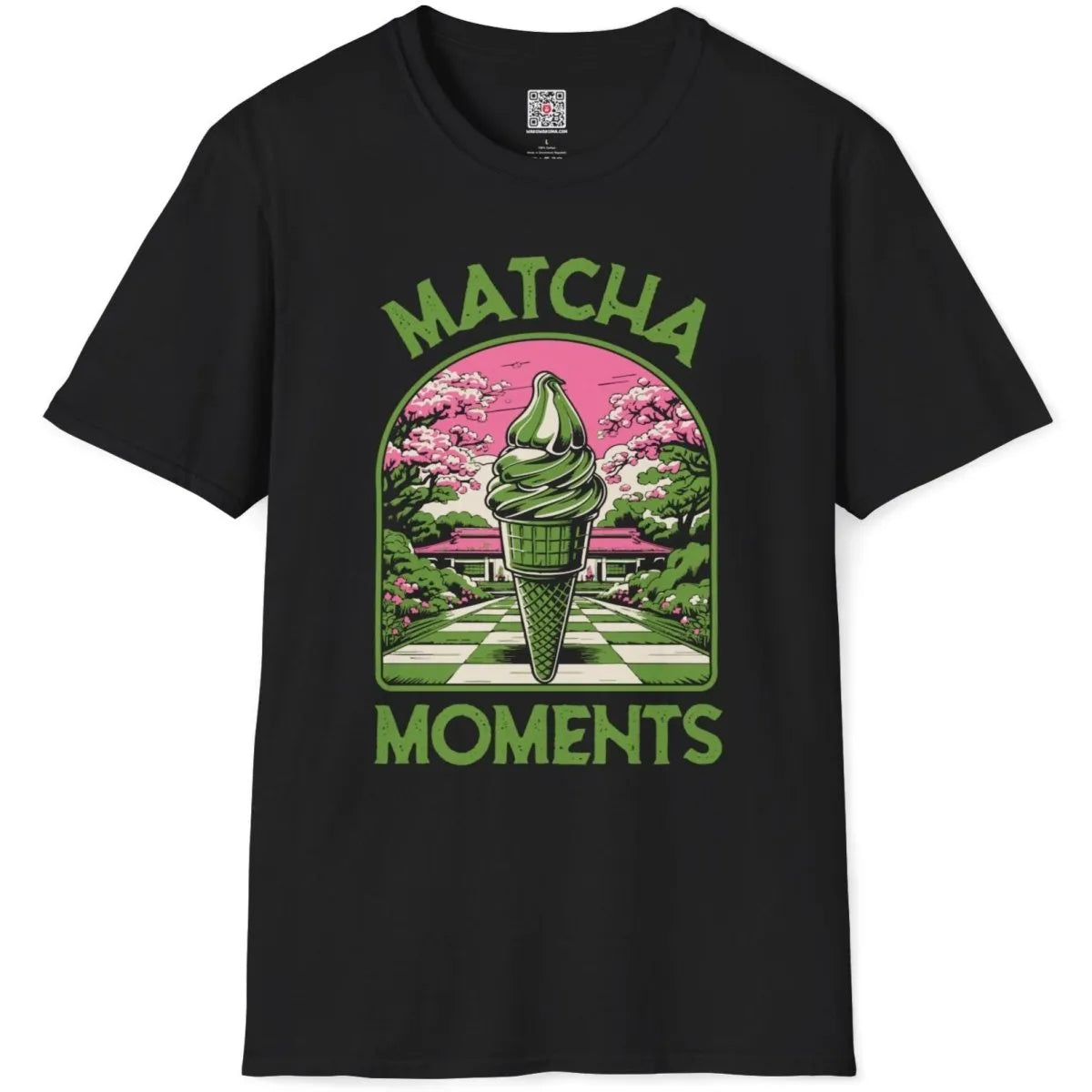 Black shirt flatlay with matcha ice cream, cherry blossoms, and Japanese garden art, food appreciation.