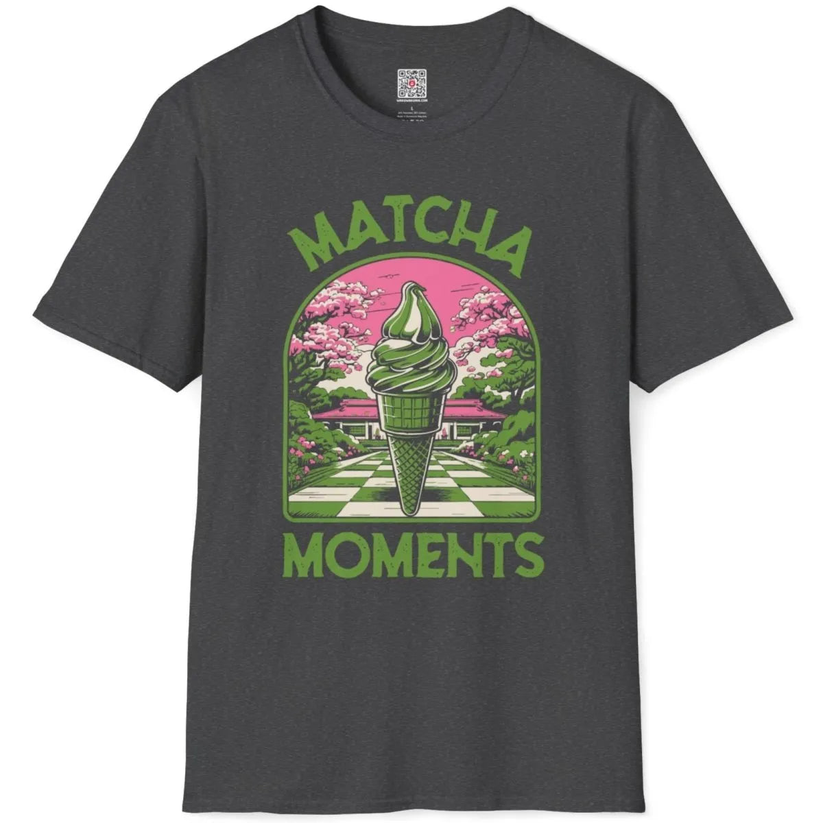 Dark heather shirt flatlay with matcha ice cream, cherry blossoms, and garden, tranquil aesthetics.
