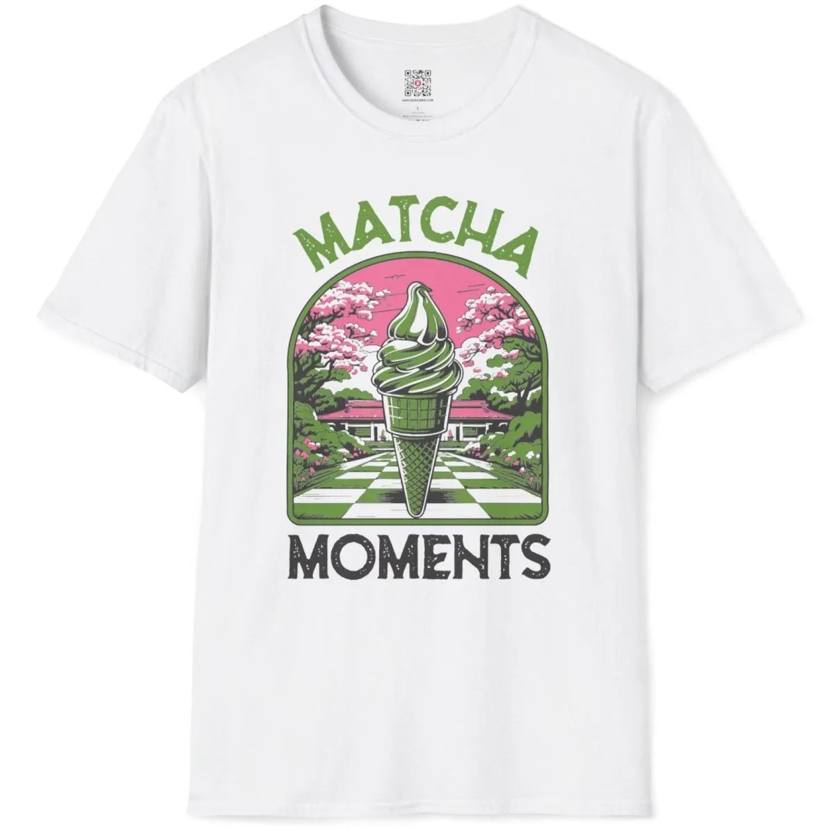 White shirt flatlay with matcha ice cream, cherry blossoms, and bold "MATCHA MOMENTS" text, serene landscape.