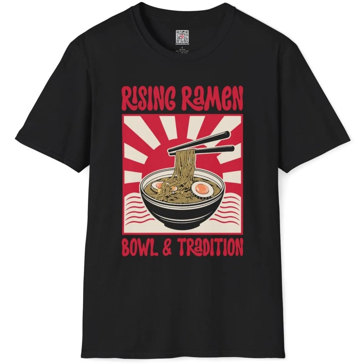 Black shirt flatlay with ramen bowl, chopsticks, eggs, and red sunburst, streetwear appeal.
