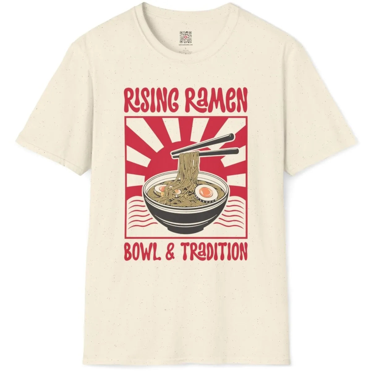 Natural shirt flatlay with ramen bowl, chopsticks, eggs, and red sunburst, cultural authenticity.