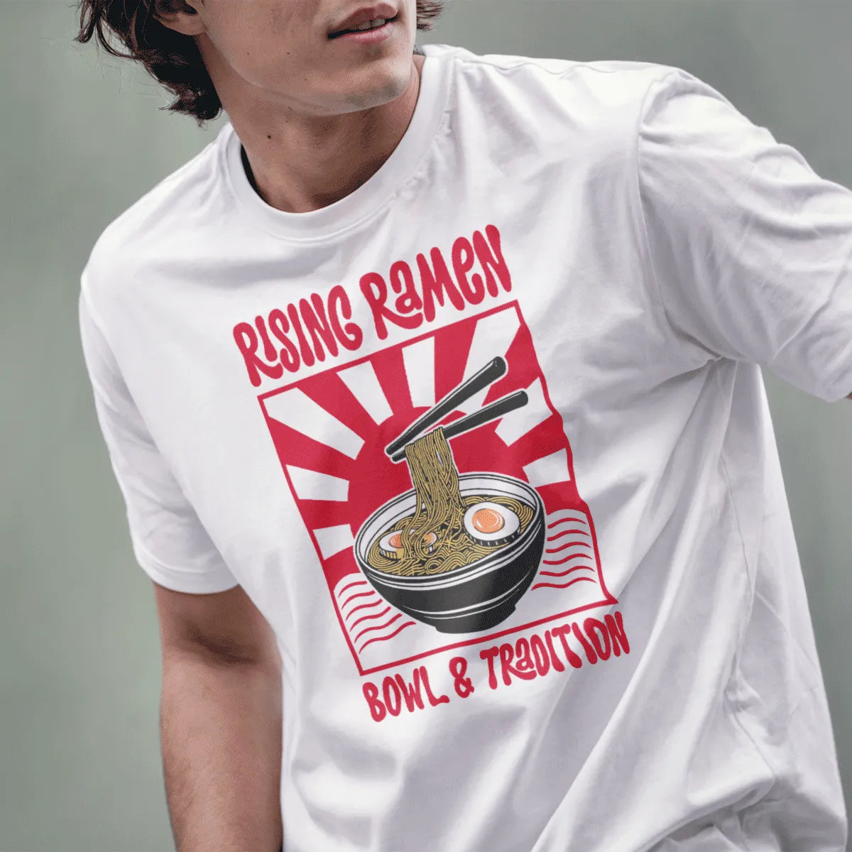 Male model in white shirt with ramen bowl, chopsticks, eggs, and dramatic "RISING RAMEN" text, culinary heritage.