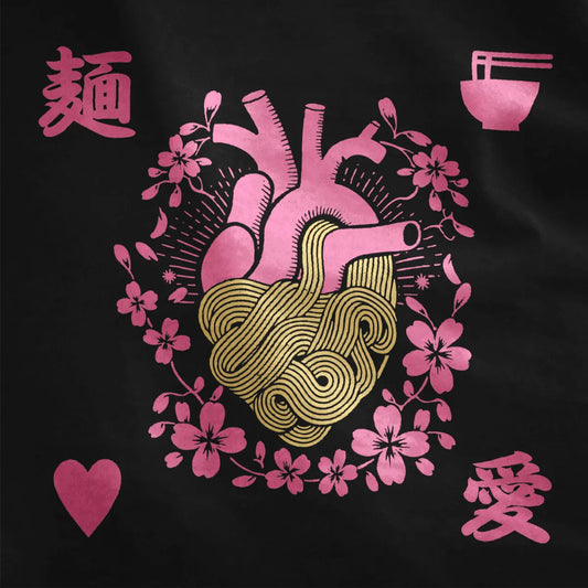 Black fabric close-up showing pink anatomical heart, noodles, and cherry blossoms, heart art, japanese t-shirts.