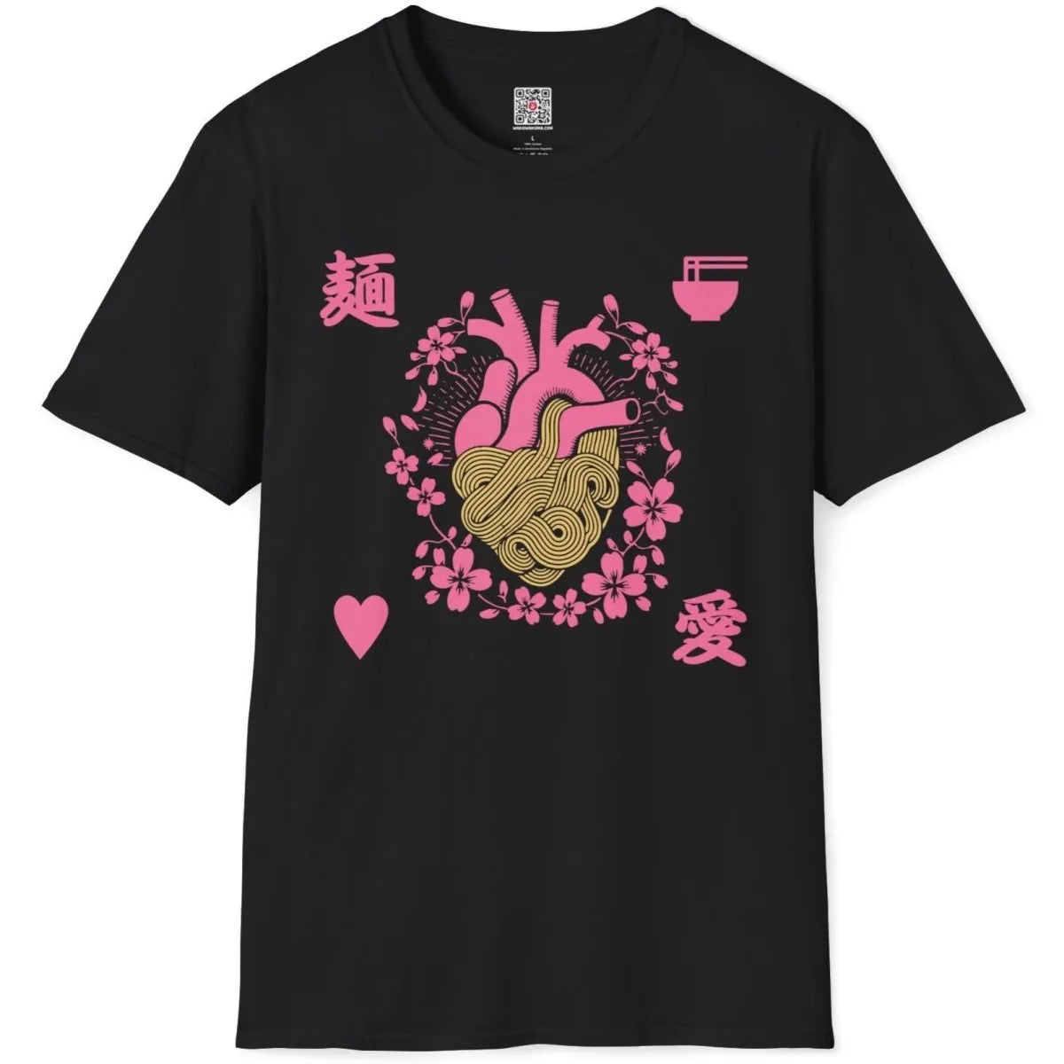 Black t-shirt flatlay with heart, noodles, and cherry blossoms, noodle passion, japanese character art.
