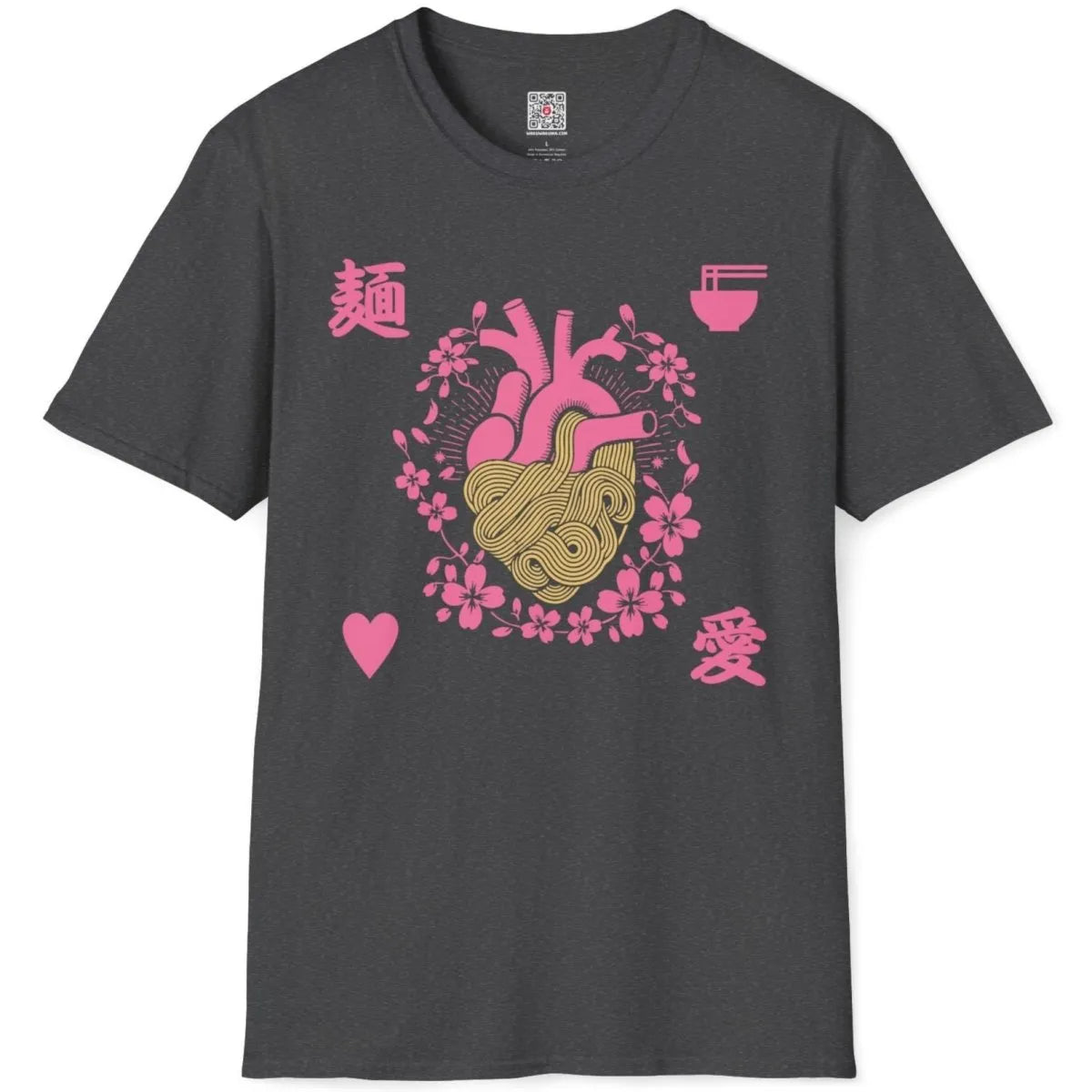 Dark heather t-shirt flatlay with whimsical heart and ramen noodle design, cultural fusion.