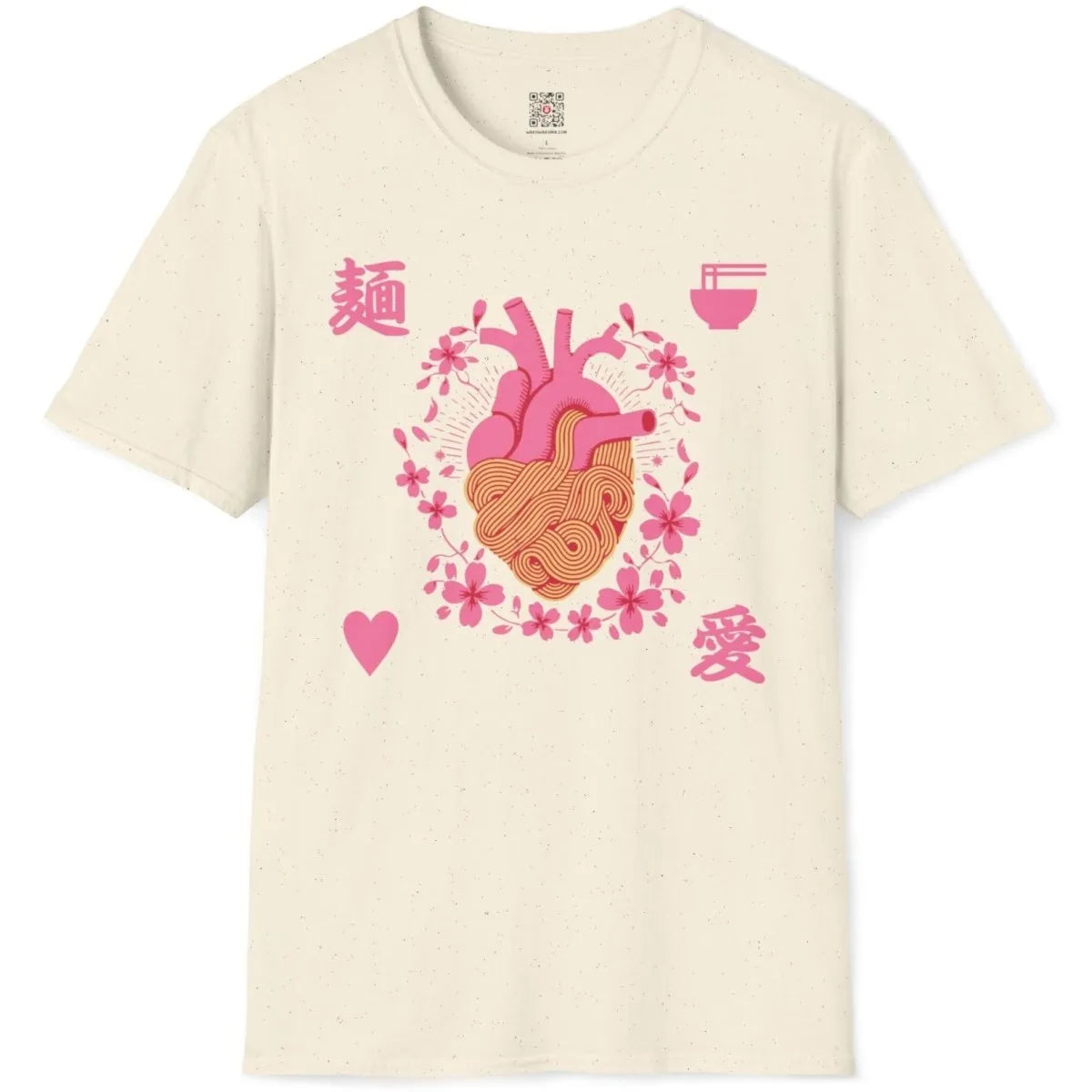 Natural t-shirt flatlay with pink heart, noodles, and cherry blossoms, culinary anatomy.