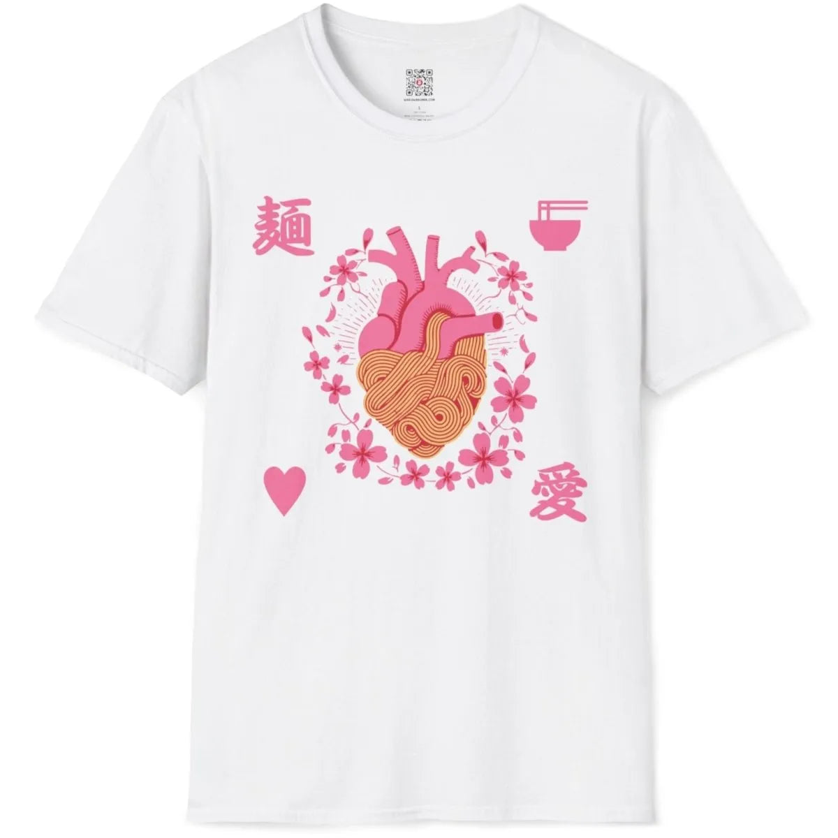 White t-shirt flatlay featuring heart art and ramen noodles with cherry blossoms, love symbolism.