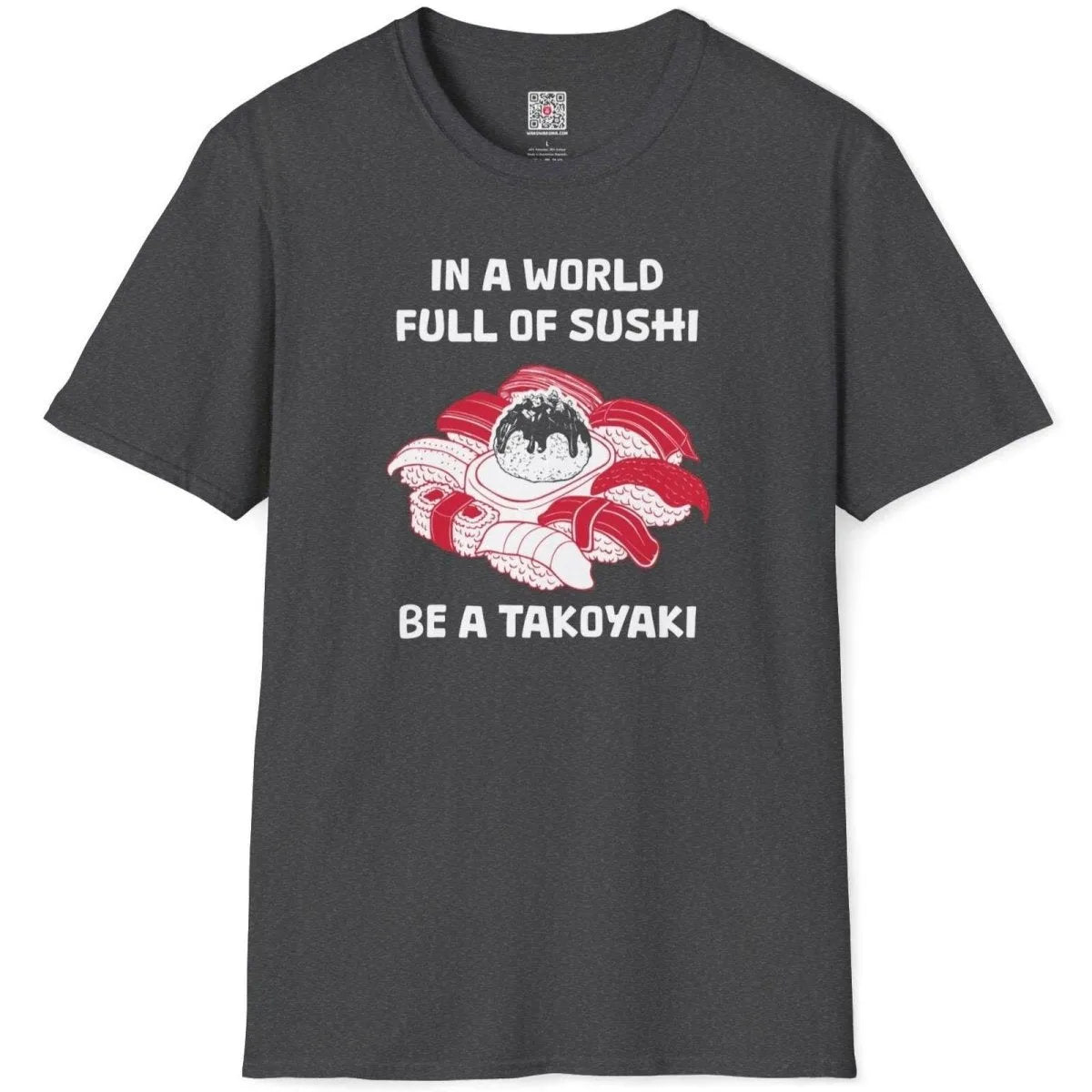 Dark heather t-shirt flatlay with detailed sushi sketch, vibrant takoyaki, and motivational quote, cultural identity.