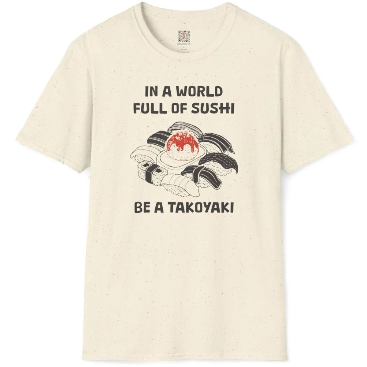 Natural t-shirt flatlay with fusion cuisine theme, takoyaki ball in color, surrounded by monochrome sushi.