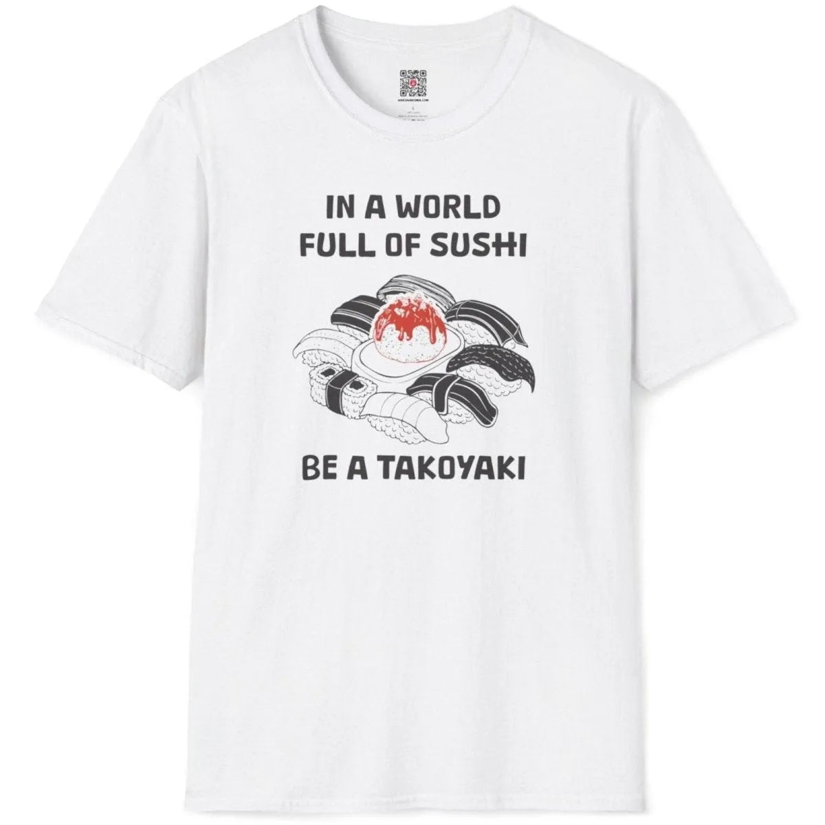 White flatlay t-shirt with sushi t-shirt design, red plate takoyaki, and bold statement for cultural identity.