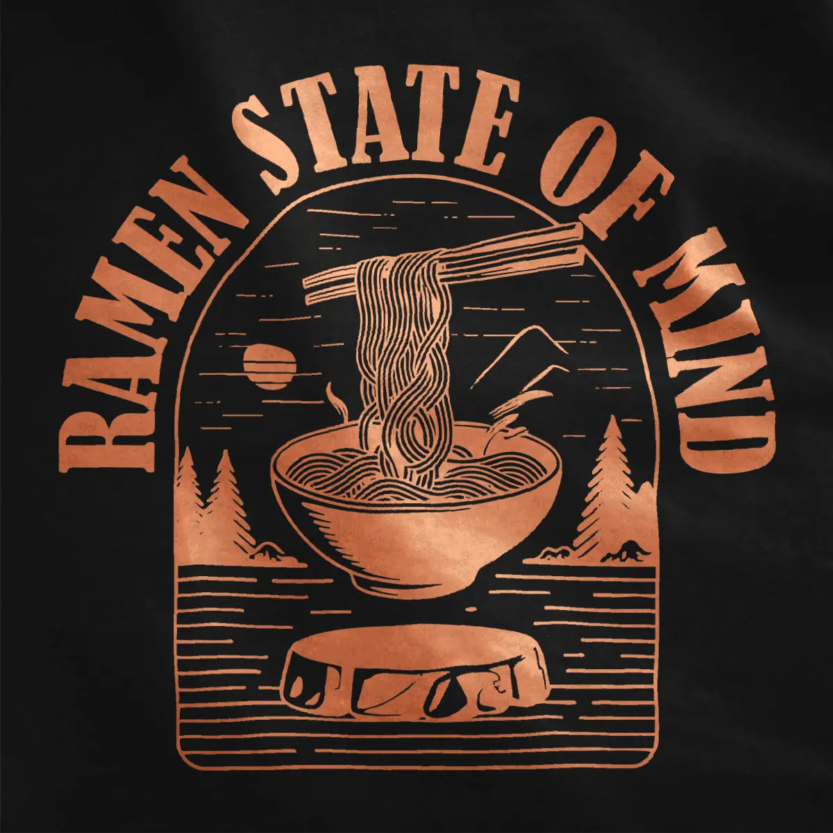 Orange ramen bowl illustration with pine trees and mountain on black fabric, ramen t-shirt, mountain landscape.
