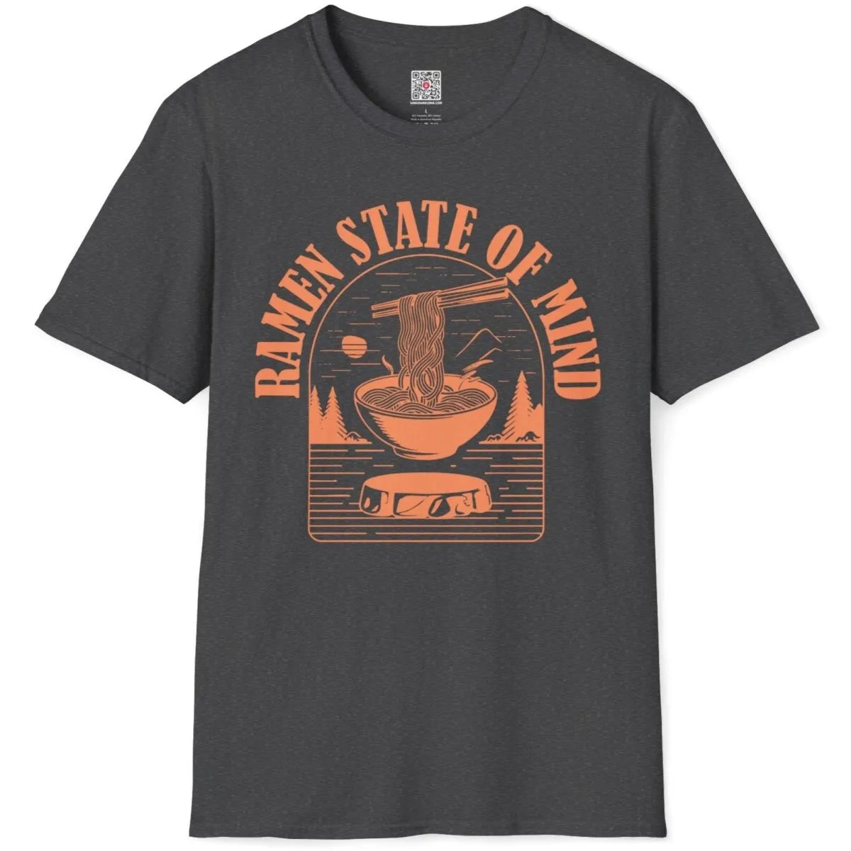 Dark heather t-shirt flatlay featuring orange ramen bowl, pine trees, and mountain, ramen t-shirt, mountain landscape.