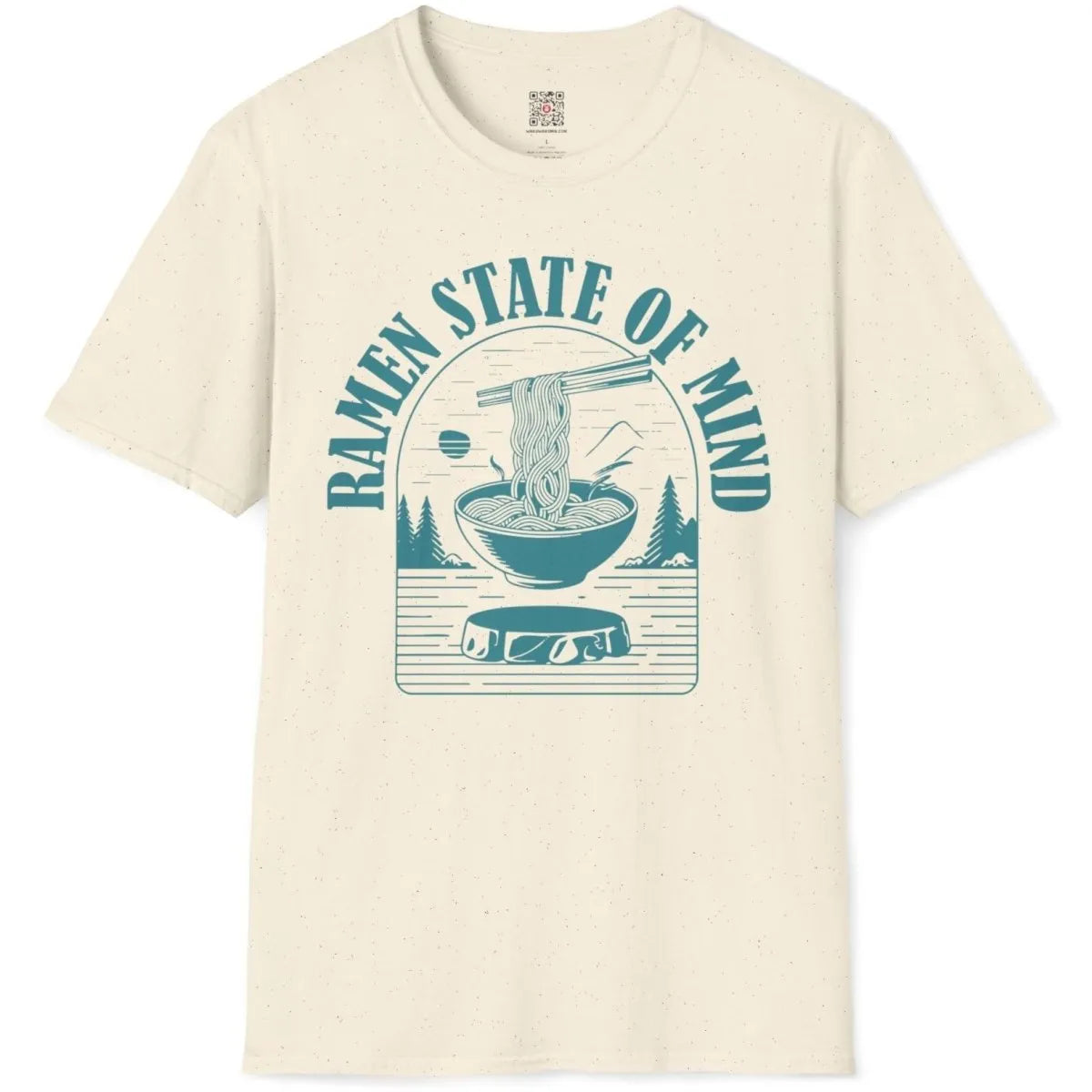 Natural t-shirt flatlay with teal ramen bowl, pine trees, and mountain, ramen t-shirt, ramen illustration.