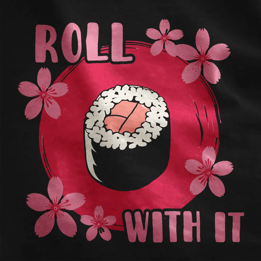 Black fabric close-up showing sushi roll, red circle, and cherry blossoms, sushi art, japanese t-shirts.