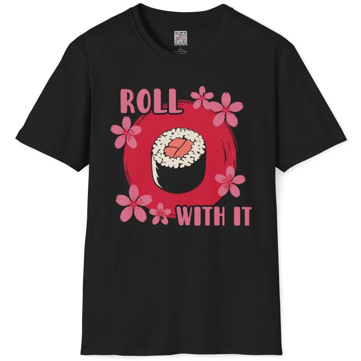 Black t-shirt flatlay with sushi roll, cherry blossoms, and bold red circle, traditional japanese art.
