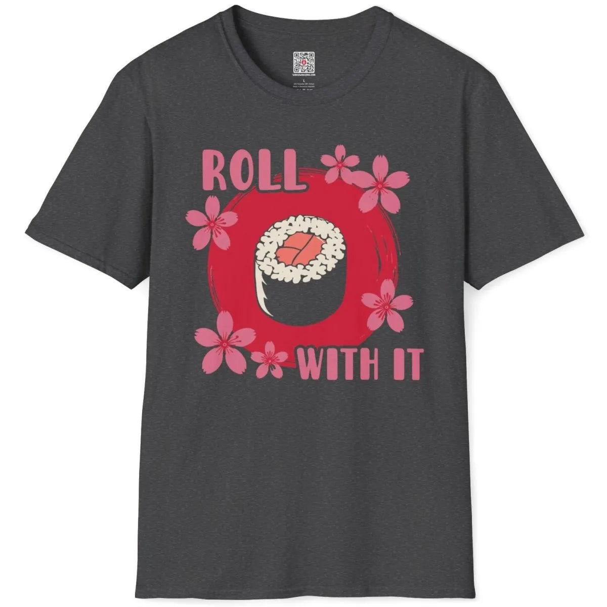Dark heather t-shirt flatlay with vibrant sushi roll and cherry blossoms, sushi culture.