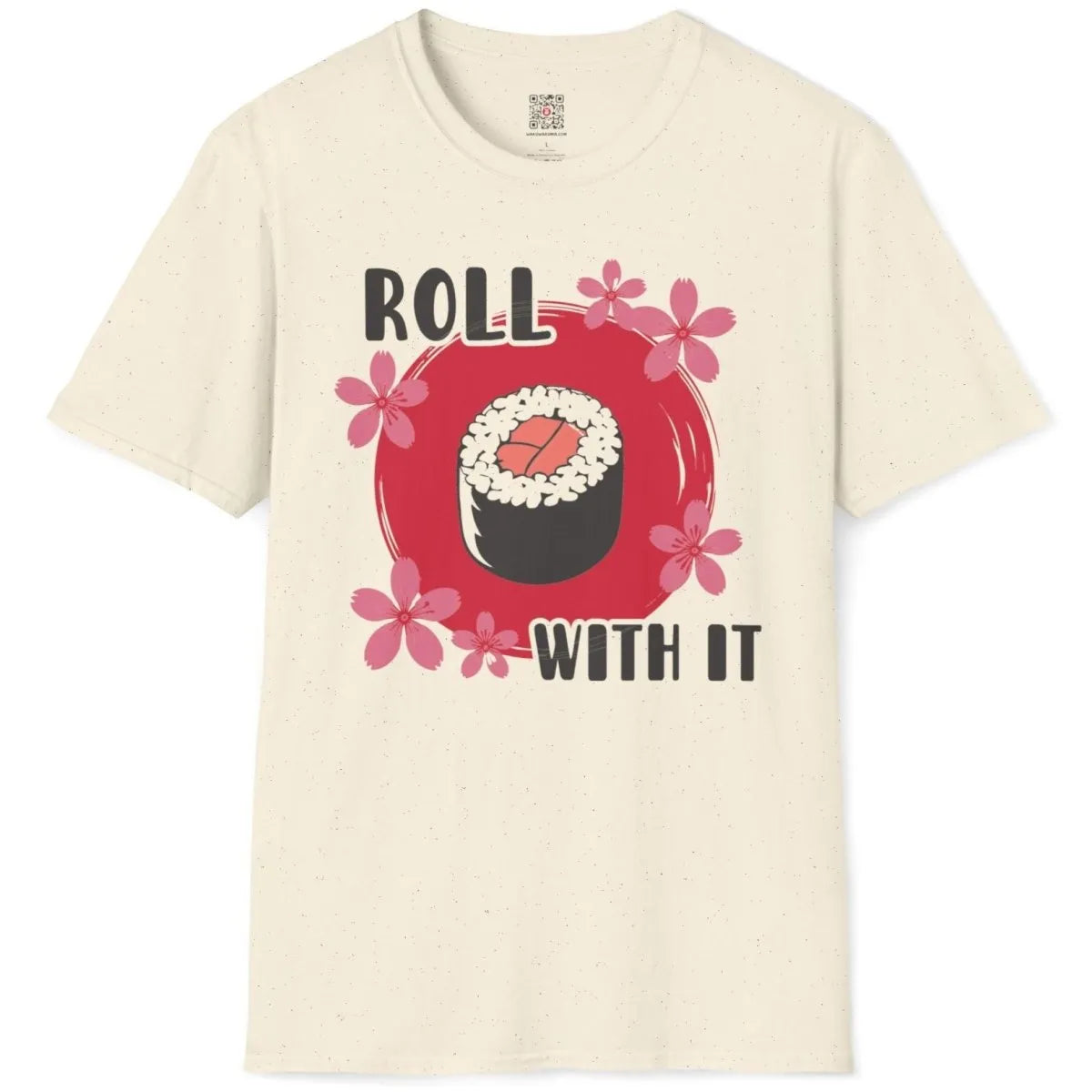 Natural t-shirt flatlay with sushi roll, red circle, and pink cherry blossoms, sushi t-shirt.
