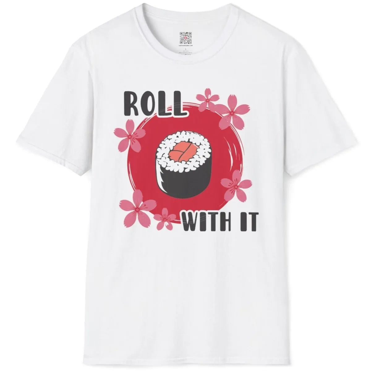 White t-shirt flatlay featuring sushi roll, cherry blossom accents, and modern text, kawaii sushi.