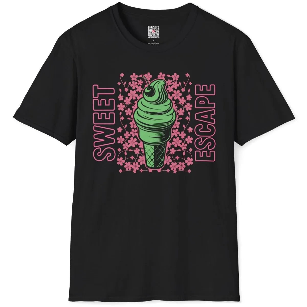 Black t-shirt flatlay with green ice cream, pink cherry blossoms, and teal SWEET ESCAPE text, japanese t-shirts.