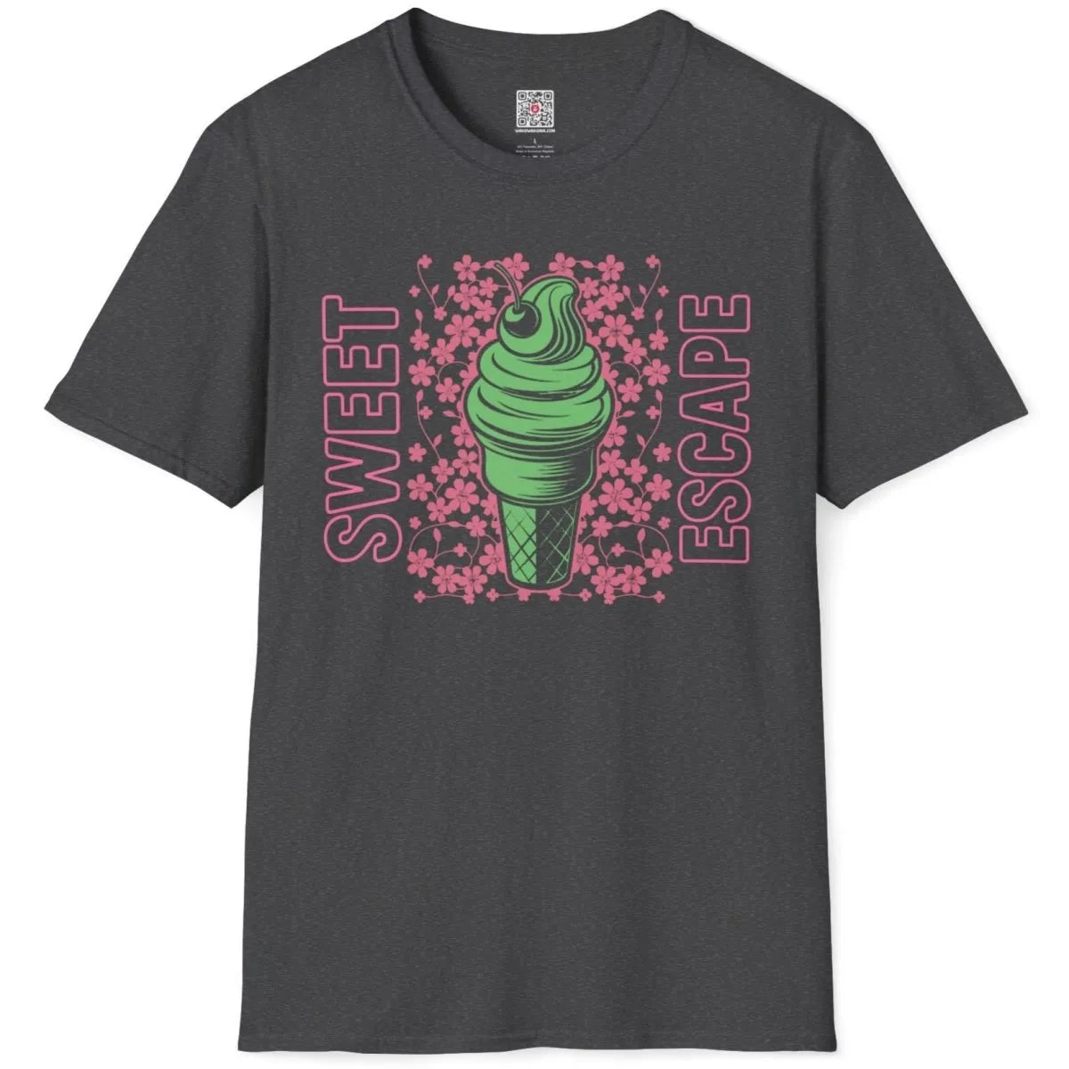 Dark heather t-shirt flatlay with green ice cream and cherry blossom art, japanese t-shirts, cherry blossom design.